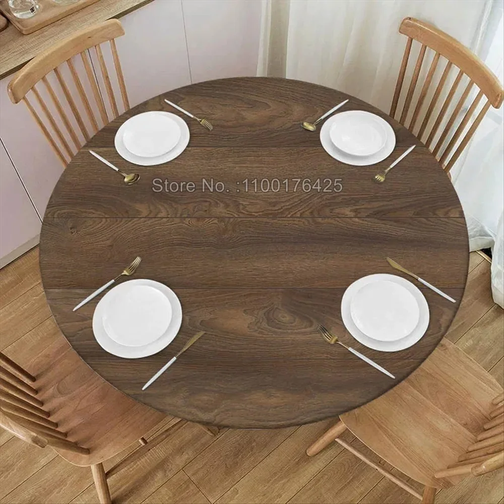 Wood Round Tablecloth for Indoor Outdoor Fitted Elastic Edge Table Cover Kitchen Home Decoration Table Linen Accessorie