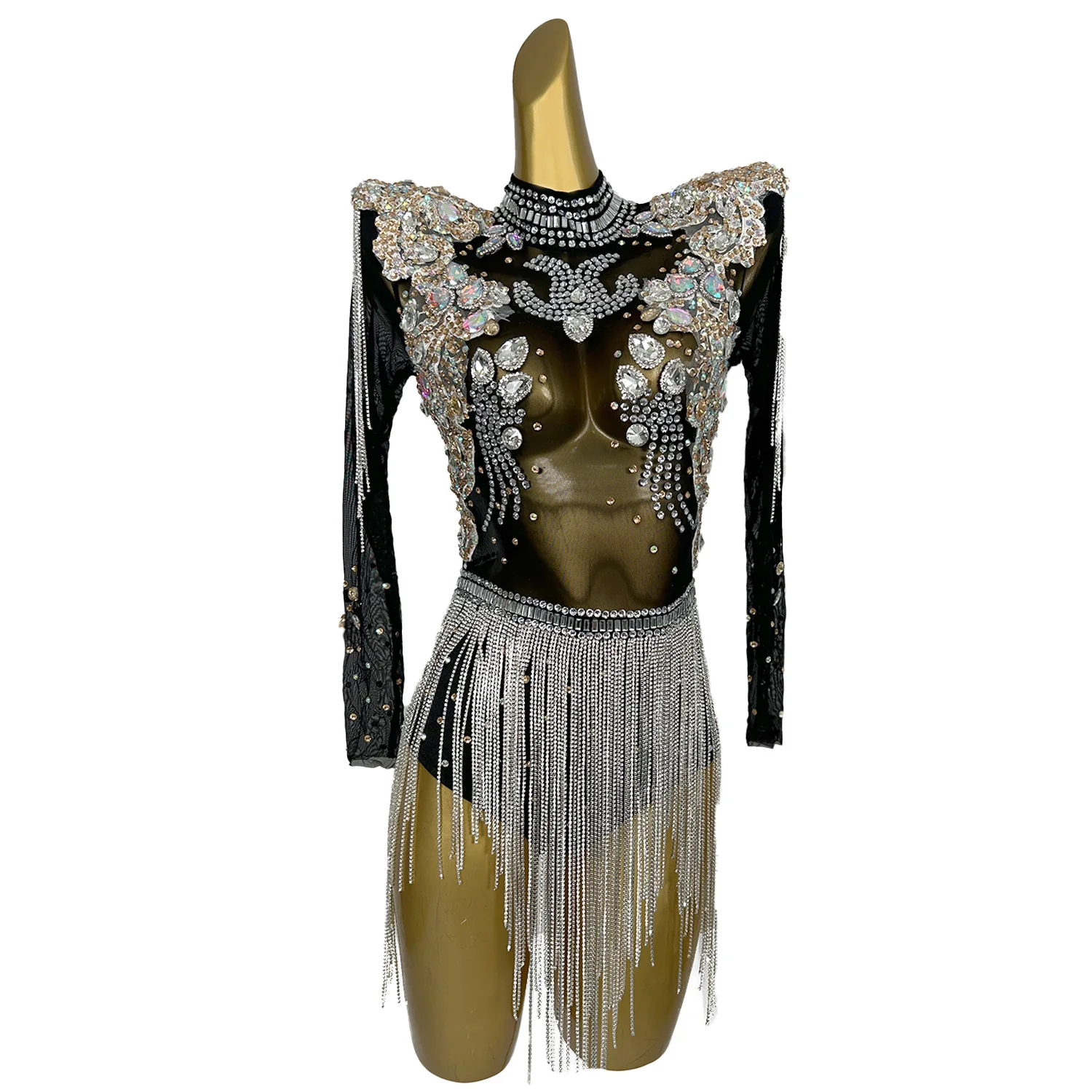 Sexy Perspective Crystal Fringes Jumpsuit Woman Stage Performance Costume Night Club Leotard Rhinestone Bodysuit Bolihuanghou