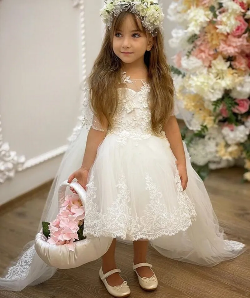 

White Ivory Appliques Flower Girl Dresses Hi-Lo Tulle Wedding Guest Ball Gown Child Beading Princess Holy Communion Dresses