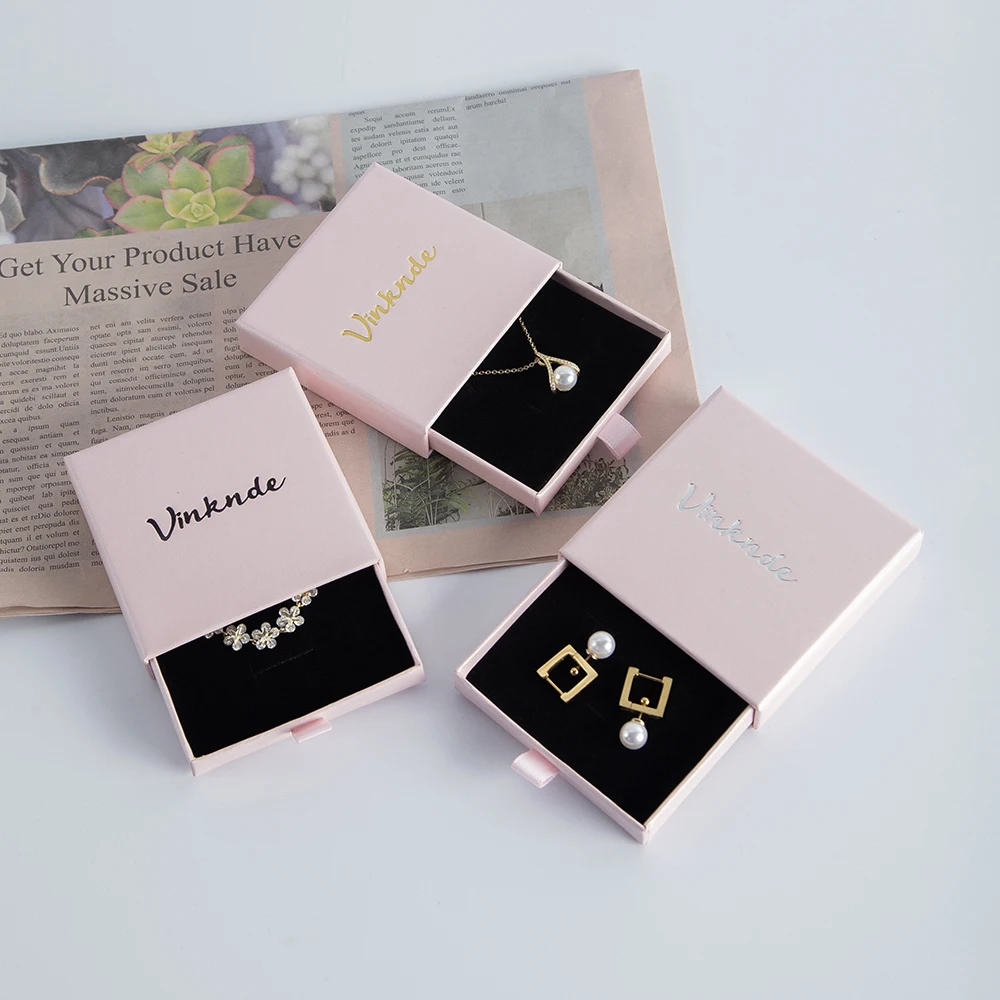 Custom Logo 9x9x2.5 Cardboard Jewelry Packaging Gift Box Necklace Earrings Bracelet Rings Slide Drawer Paper Box With Black Foam