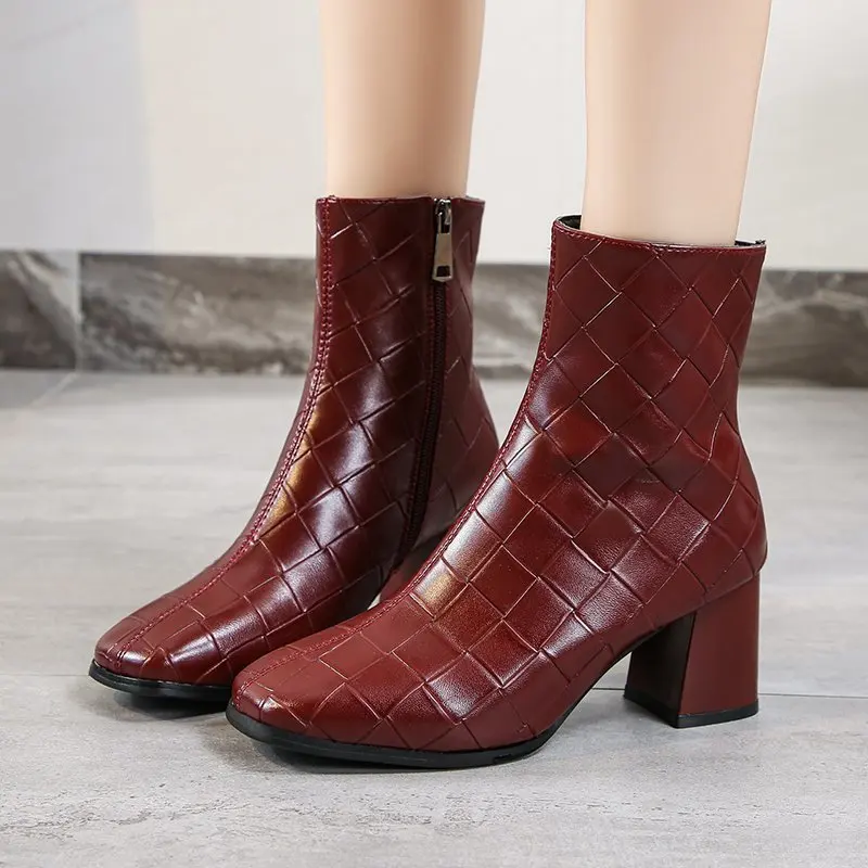 2023 New Women's Shoes Ankle Women's Boots Retro Modern Boots Women Lattice Zip Sewing Square Toe High Heel Shoes Women Zapatos