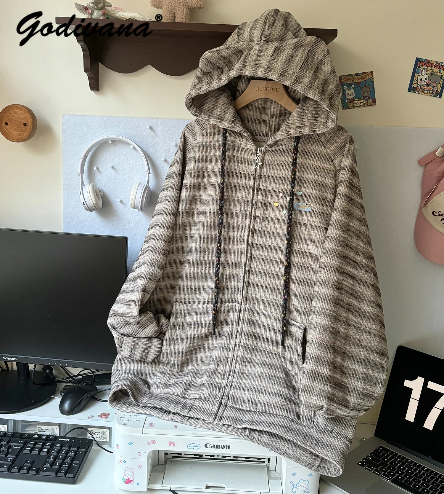 Original New Autumn and Winter Cat Ear Hooded Fleece Sweatshirt Female Girls Loose Thickened Striped Warm Hoodie Jacket Coat