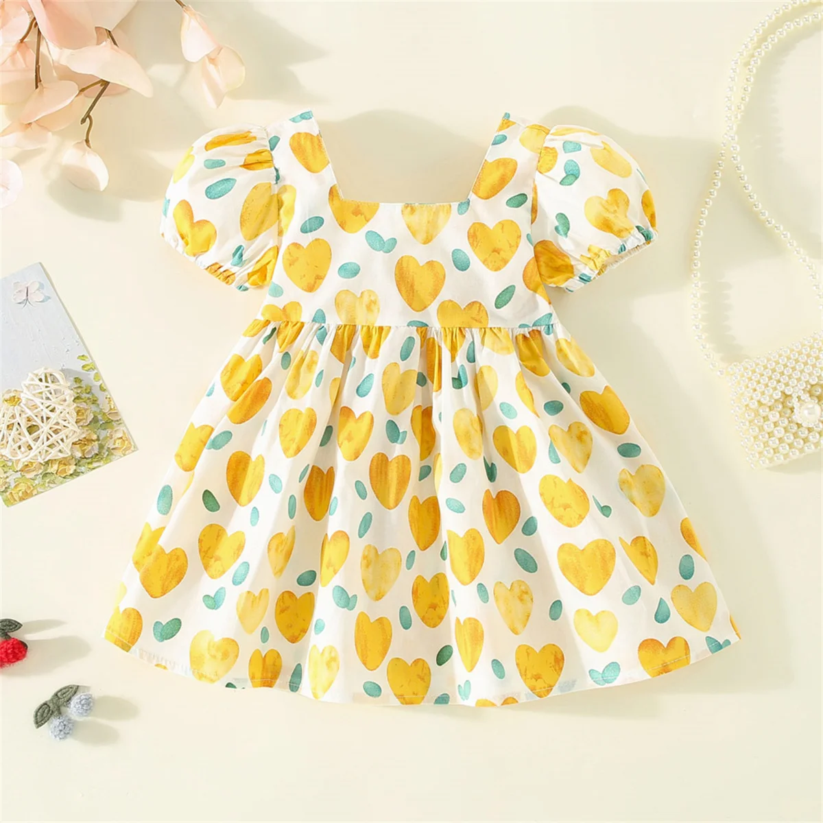 Summer Preschool New 0-3 Year Old Love Print Bow Short Sleeve Daily Knee Length Girls\' Dress