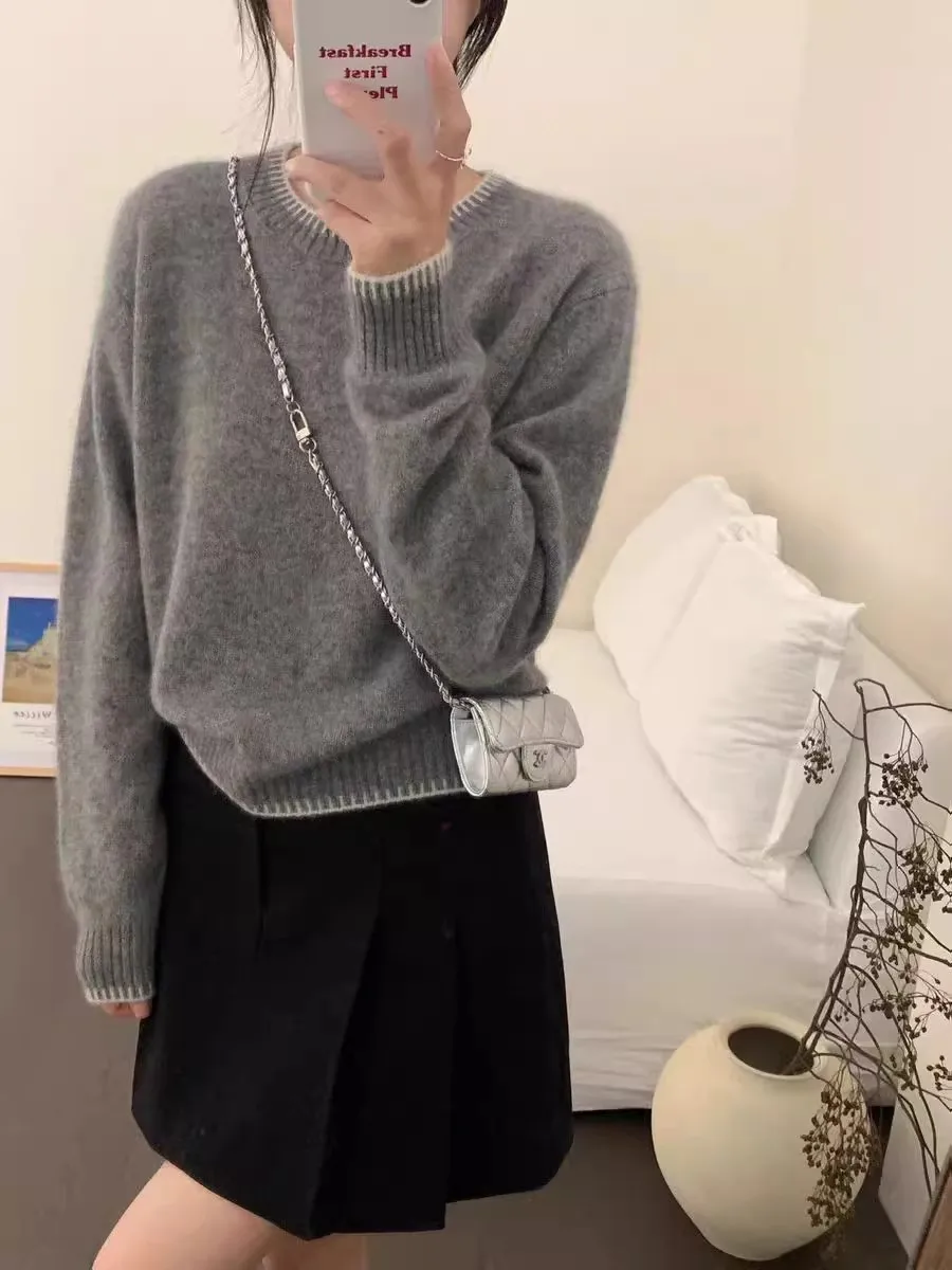 100% カシミヤセーター女性のラウンドネックグレーセーター新しいヨーロッパカシミヤハイエンドニット底秋と冬