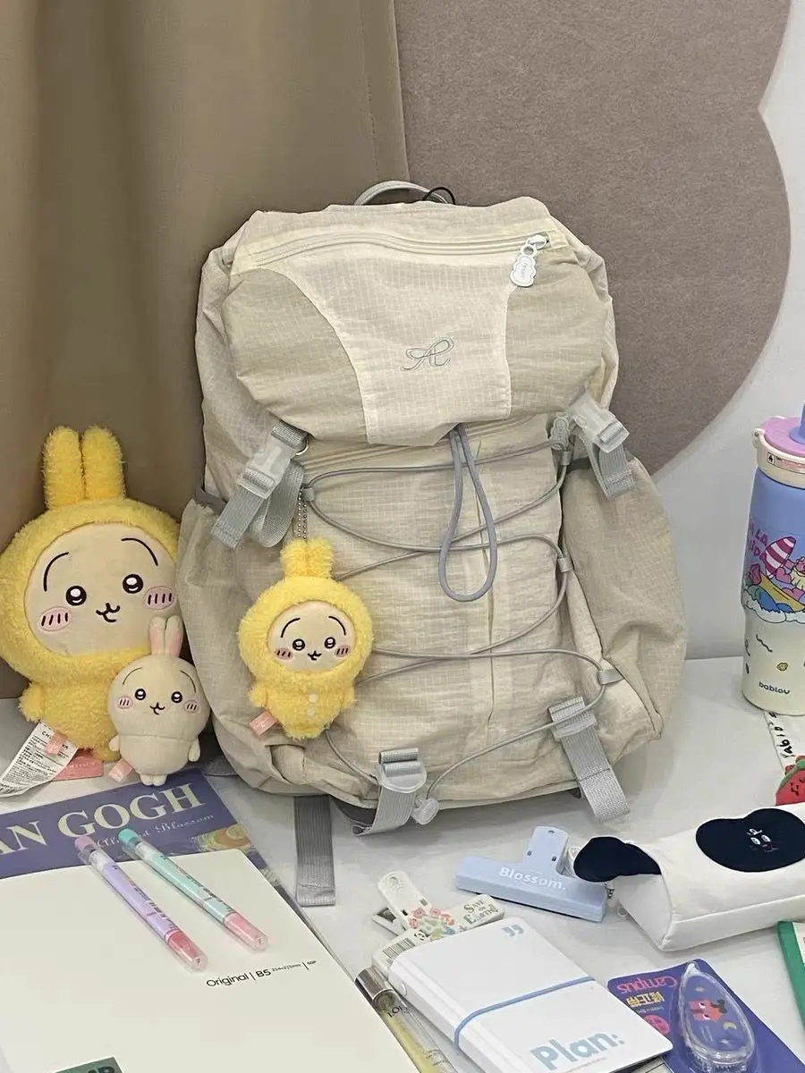 Korean Fashion Nylon Backpack 2025 New Trend String School Bag Lightweight Y2k Backpacks Casual Hiking Travel Bag Preppy Style
