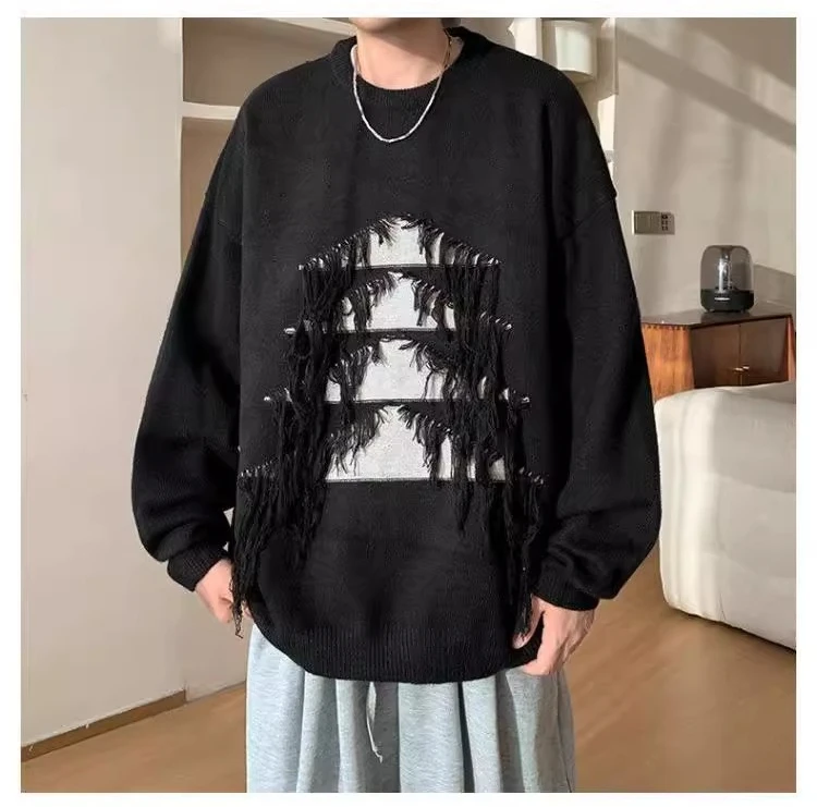 Autumn Winter New Hot Sale Men's Wine Red Christmas Tree High-end Tassel Loose Casual Black Pullover Knitted Sweater