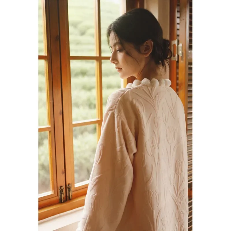 Vintage Button Sleepwear Women Warm Robe Nightgowns Flannel Thick Pajamas Long Sleeve Jacquard Night Wear Korean High Quality