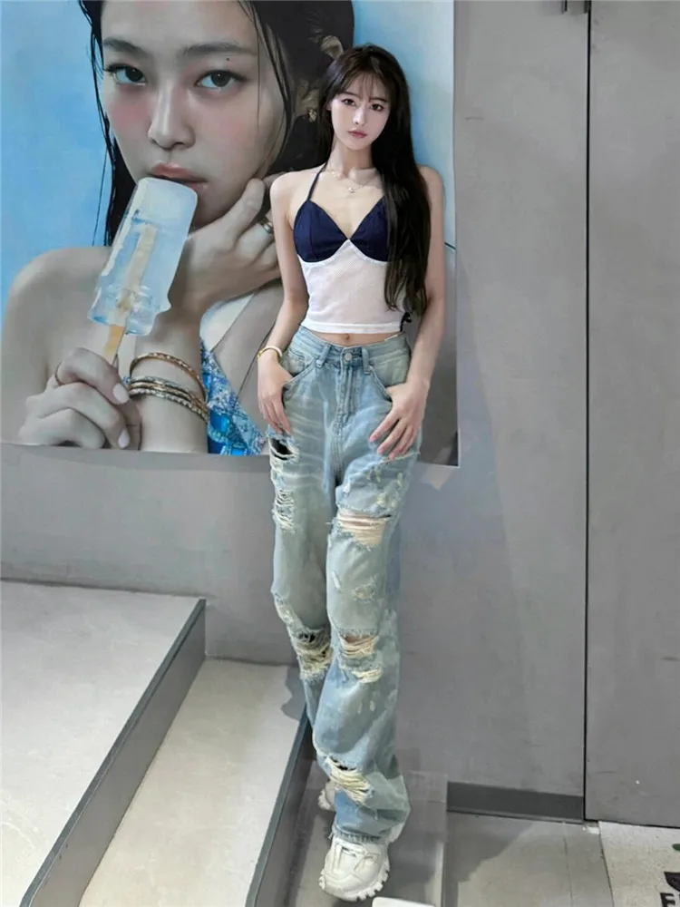 

American High Street Style Ripped Denim Jeans Women Summer Thin Loose Slimming Straight Floor-Length Pants