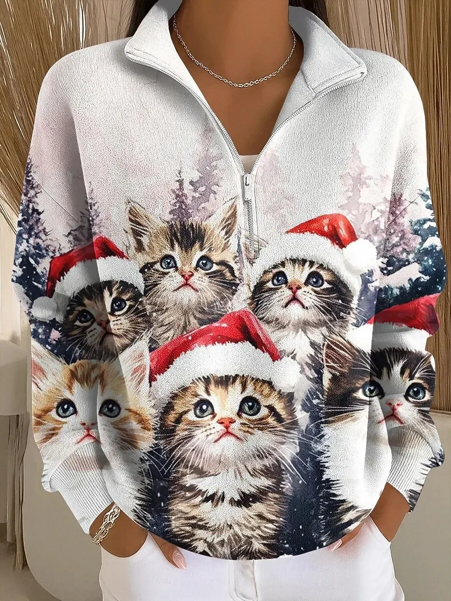 

3D Printed Christmas Cats Pattern Zipper Sweatshirt Women's Xmas Theme Casual Long Sleeve Clothes Loose Half Zip Collar Pullover