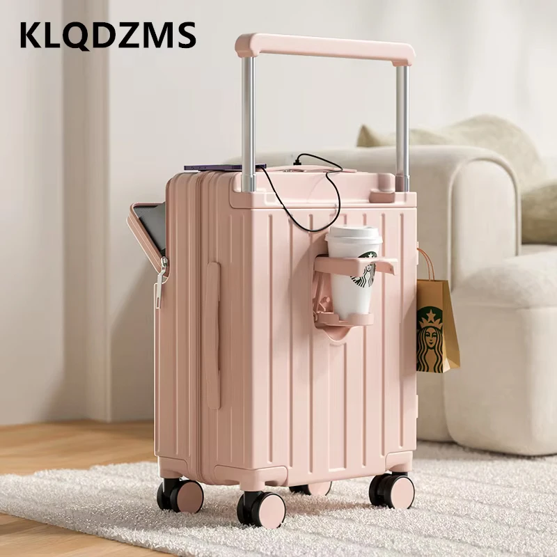 KLQDZMS กระเป๋าเดินทางเปิดด้านหน้าแล็ปท็อป Boarding Case USB ชาร์จรถเข็น 20 "22" 24 "26 นิ้วมีล้อกระเป๋าเดินทาง