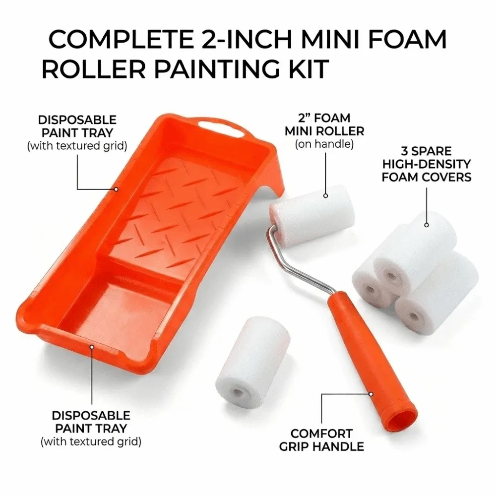 2Inch Paint Roller Set Smooth Multifunctional Foam Roller Brush Kit DIY with Tray Wall Painting Tools for Walls Edges Corners