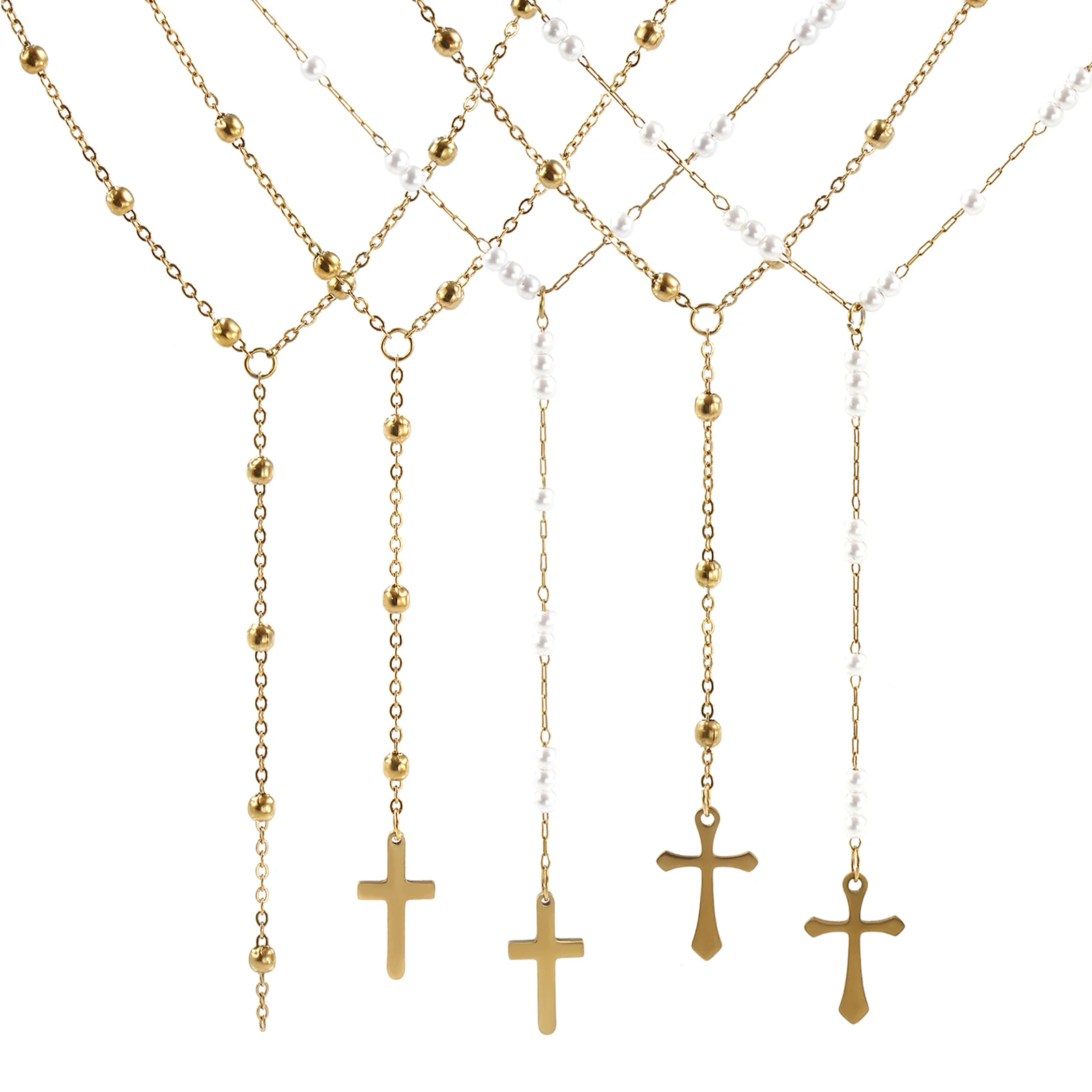 304 Stainless Steel Cross Pendant Necklace 18K Real Gold Plated Link Cable Chain Prayer Beads Rosary Y Shape Drop Necklace