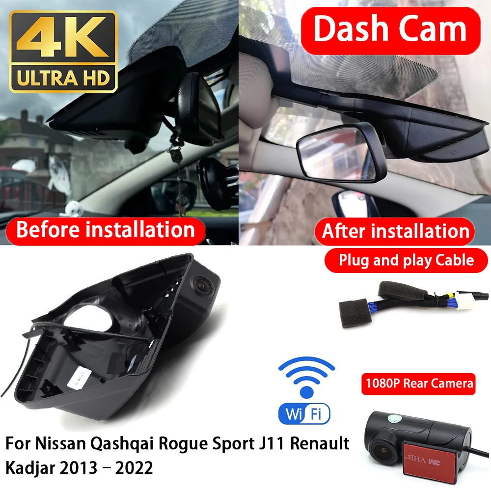 Cámara para Auto 4K con Wifi, Plug & Play, Grabador de Video Delantero y Trasero para Nissan Qashqai Rogue Sport J11 Renault Kadjar 2013-2022