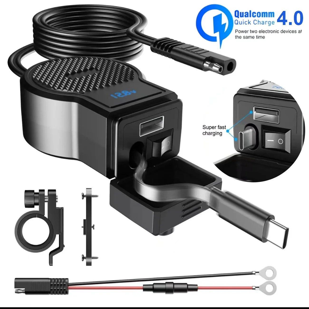 

PD QC3.0 Motorcycle USB Fast Cellular Charger Waterproof Type C Port Socket Connector With Cell Mobile Voltmeter Digital Charger