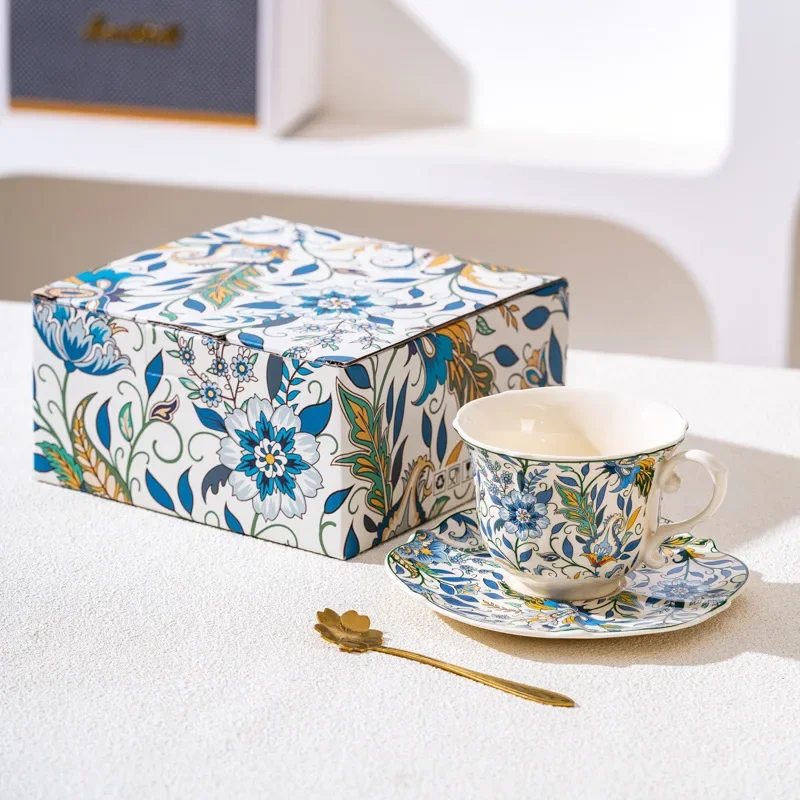 Retro Blue Iris Ceramic Coffee Cup and Saucer Set Bone China Tea Cup with Spoon Gift Box for Home Office Afternoon Tea