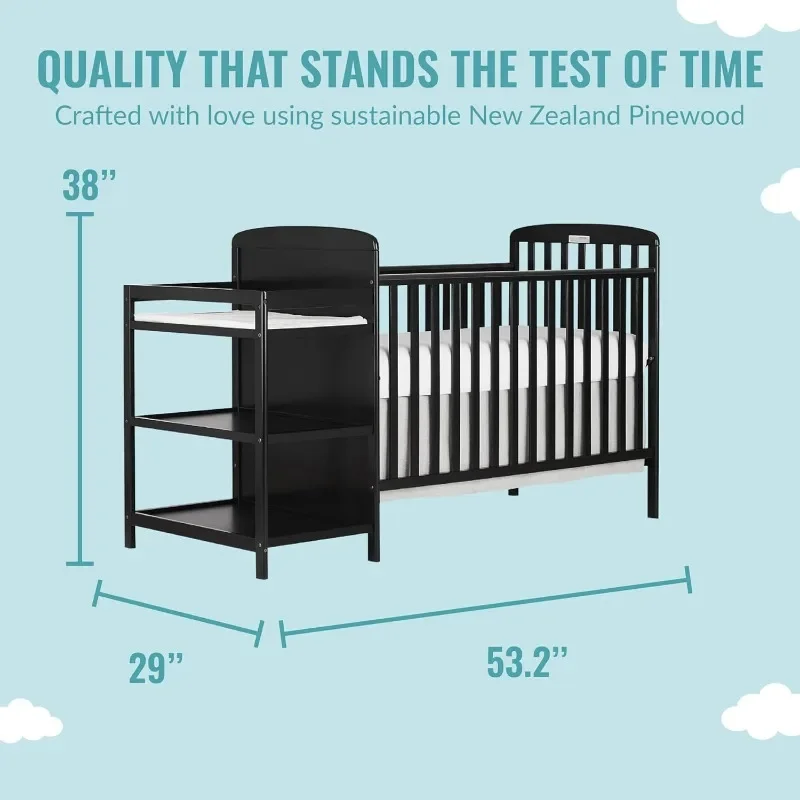 3-in-1 Full-Size Crib and Changing Table Combo in Black,Non-Toxic Finishes,