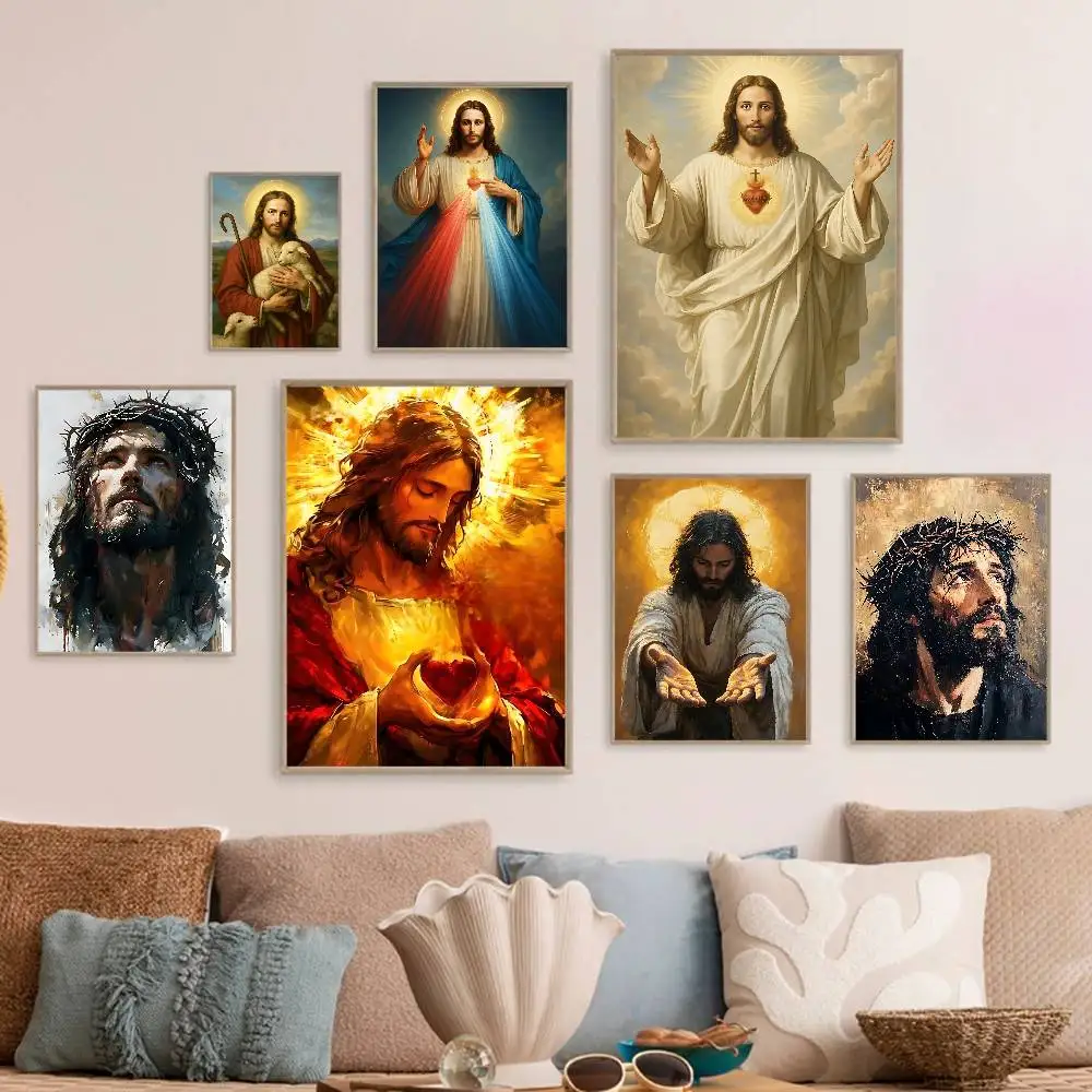 Póster de arte autoadhesivo de figura sagrada clásica J-Jesus, impresiones de papel blanco, carteles, obra de arte, pintura de pared de arte estético