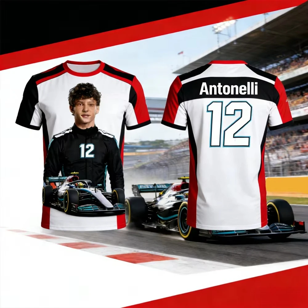 Camiseta de Manga Corta Estilo Carreras 2026 Generada por IA, Andrea Kimi Antonelli NO.12, Traje de Carreras Extremo, Ropa Deportiva Transpirable