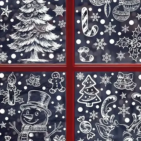 Pegatinas navideñas, pegatinas estáticas de alce y copo de nieve de invierno, suministros para fiesta de Navidad, colgante, caja de regalo, pegatinas para ventana