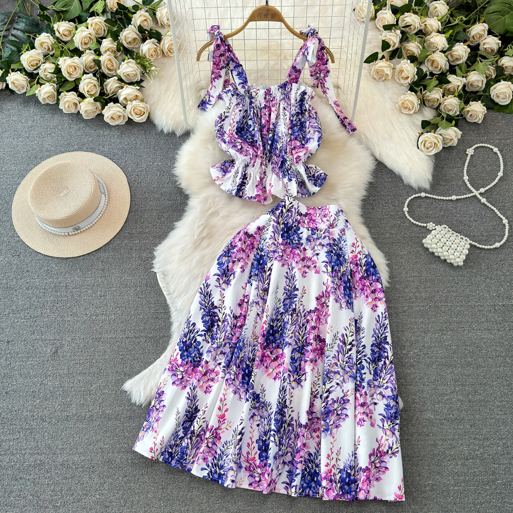 Women Holiday Fashion 2-piece Suits Strapless Floral Printed Vest Tops+High Waist Big Swing Mid-Length Skirt Clothes Suits