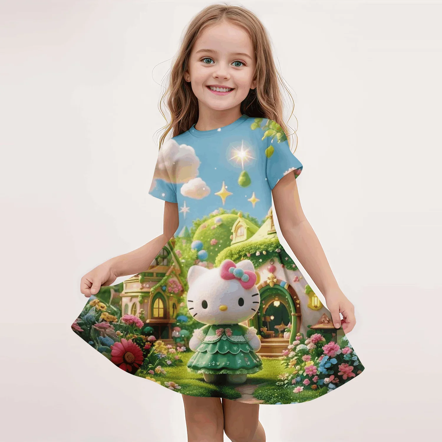 

Summer New Fashion Breathable Hellokitty Girls Skirt Short Sleeved Dress 3d Printed Cartoon Cute Children Clothing Party Trend