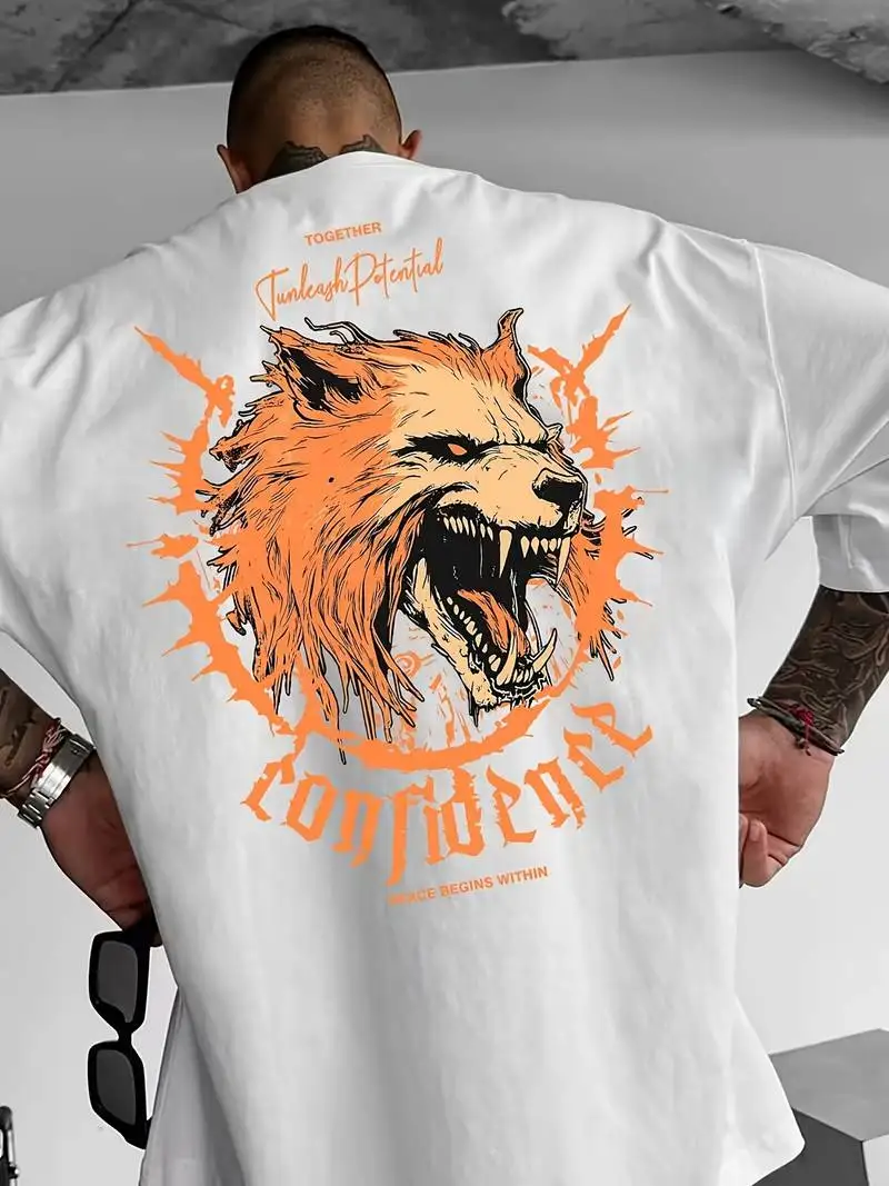 Red-Haired Dire Wolf Double-Sided Print Men's Fashion Short Sleeve T-Shirt Summer Loose Fit Versatile High-End Tee For Dates