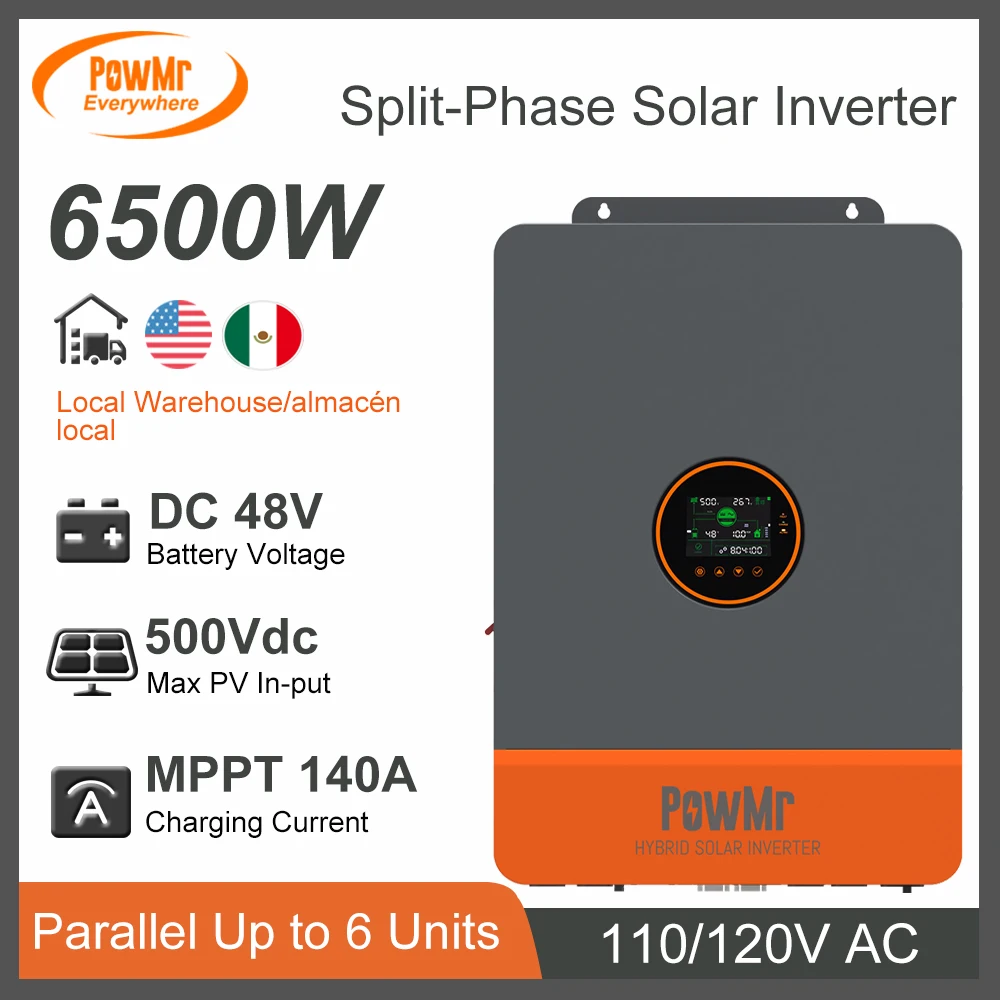 

PowMr 6.5KW Split Phase 48V DC To 120/240 VAC With 140A MPPT Solar Charger Controller Max PV 450V Support Parallel RS485 CAN USB