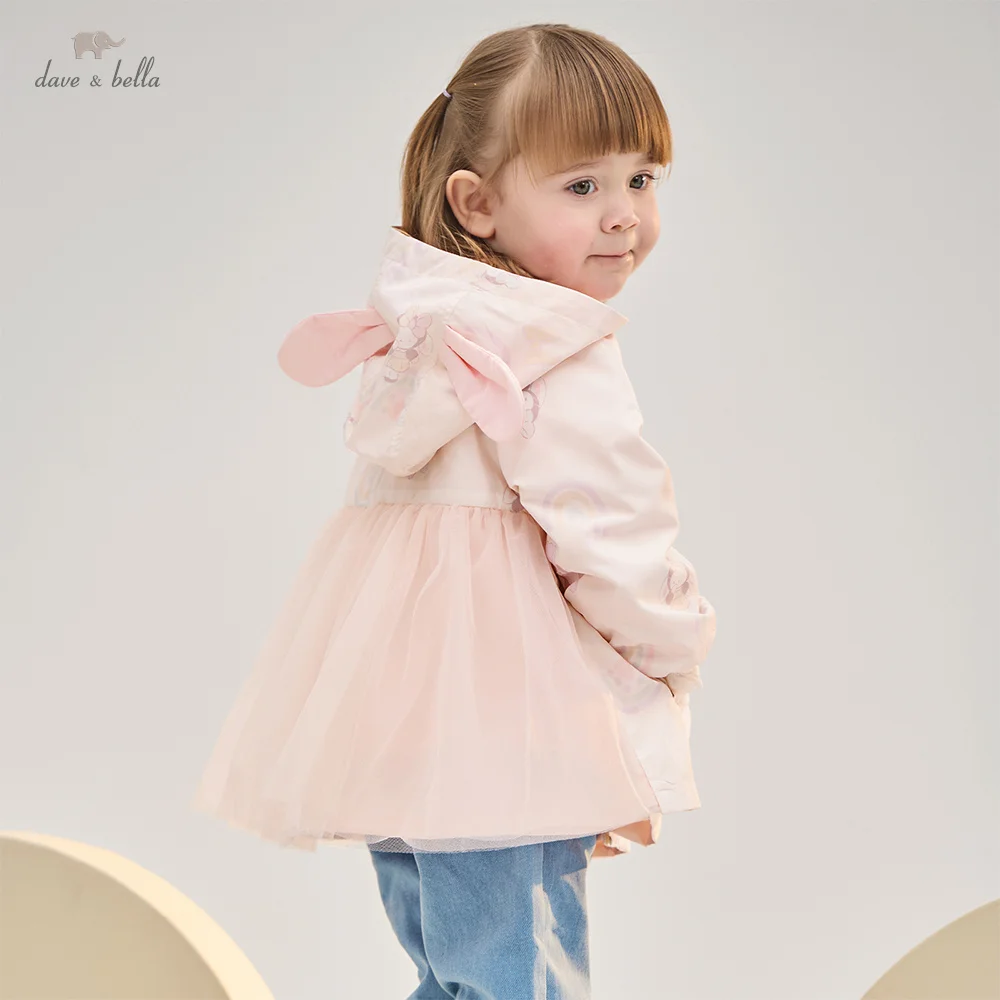 

Детская куртка Dave Bella с кружевной сеткой для девочек, весенняя/осенняя одежда, пальто с принтом кролика, худи, верхняя одежда, милая праздничная модель DB1260083