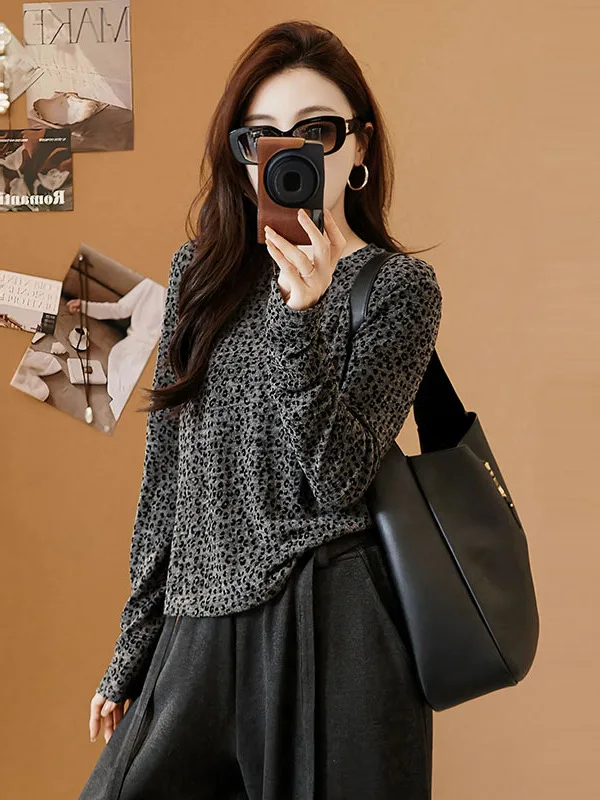 

Женская круглая футболка большого размера Ne с леопардовым принтом, повседневный дизайн, корейская футболка с длинным светом, впитывающая пот бархатная футболка