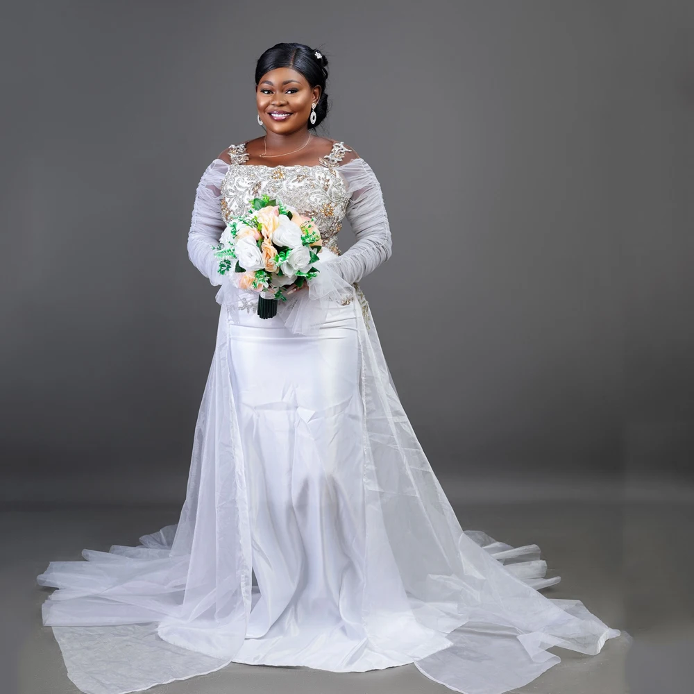 

Crystals African Mermaid Wedding Dresses Long Sleeves Satin Women Luxury Bridal Gown For Black Girls Detachable Train Customized