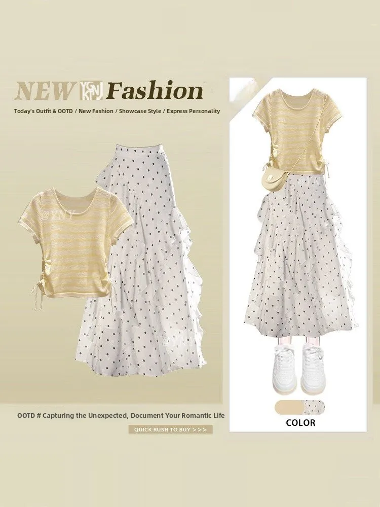 

Summer Dopaamine Women's Checkered Short Sleeve Top And Polka Dot Skirt Two-Piece Set Contrast Color Stripe Short Sleeve Shirt