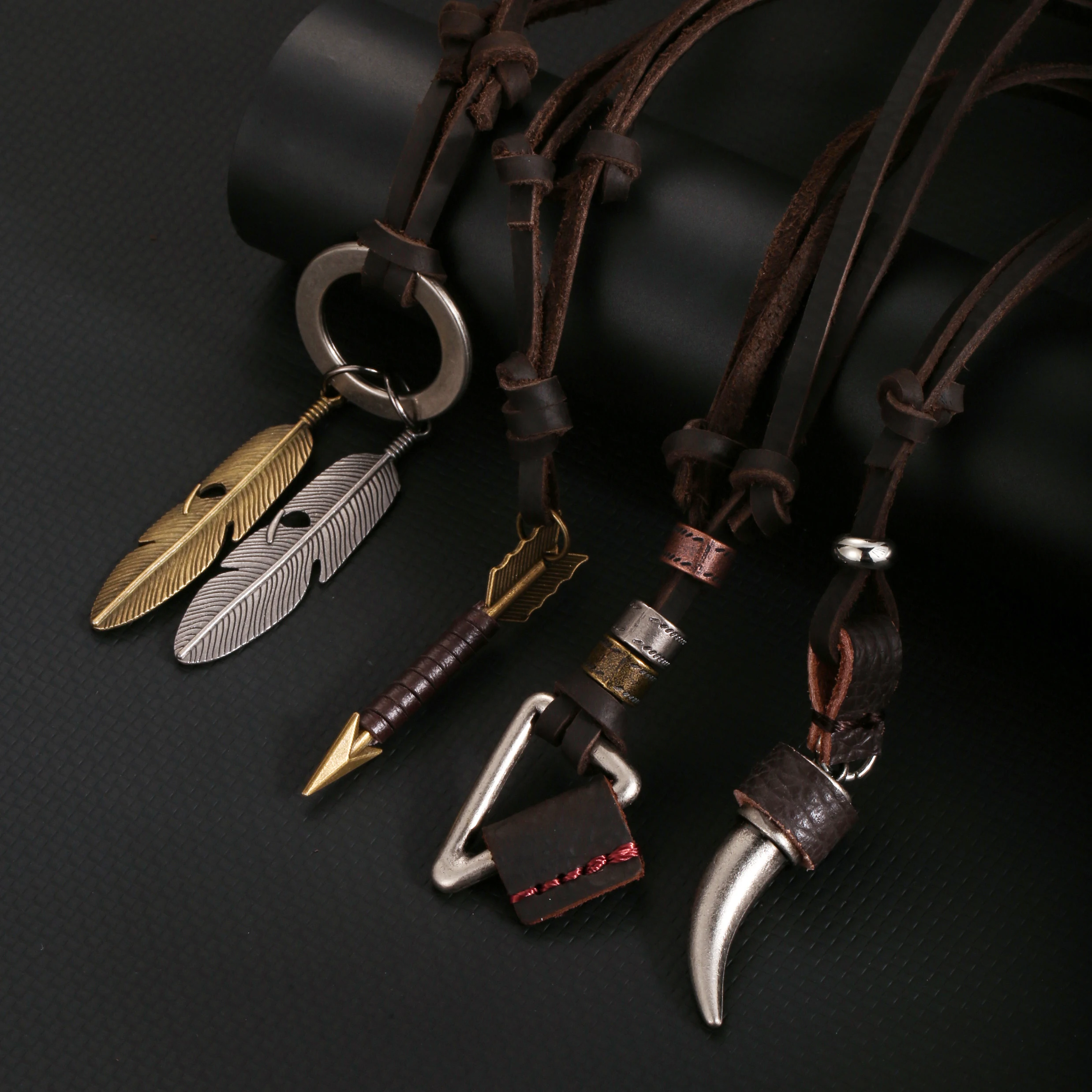 1PC INGX Fashion Vintage Leather Rope Leaf Triangle Arrow Necklace for Women Wolf Teeth Necklace Man Punk Jewelry