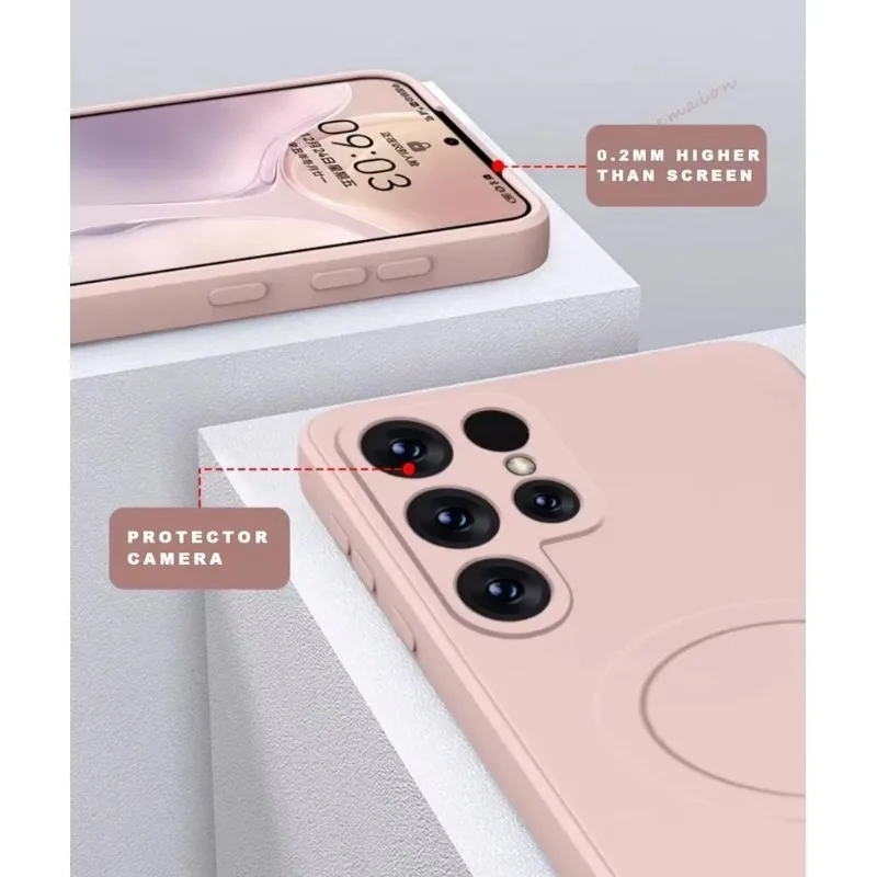 Coque magnétique en silicone liquide pour Samsung, Galaxy S21, S23, FE, S22, S24 Plus, S25 Ultra Soft Lens Protector, Slim, Thin Cover