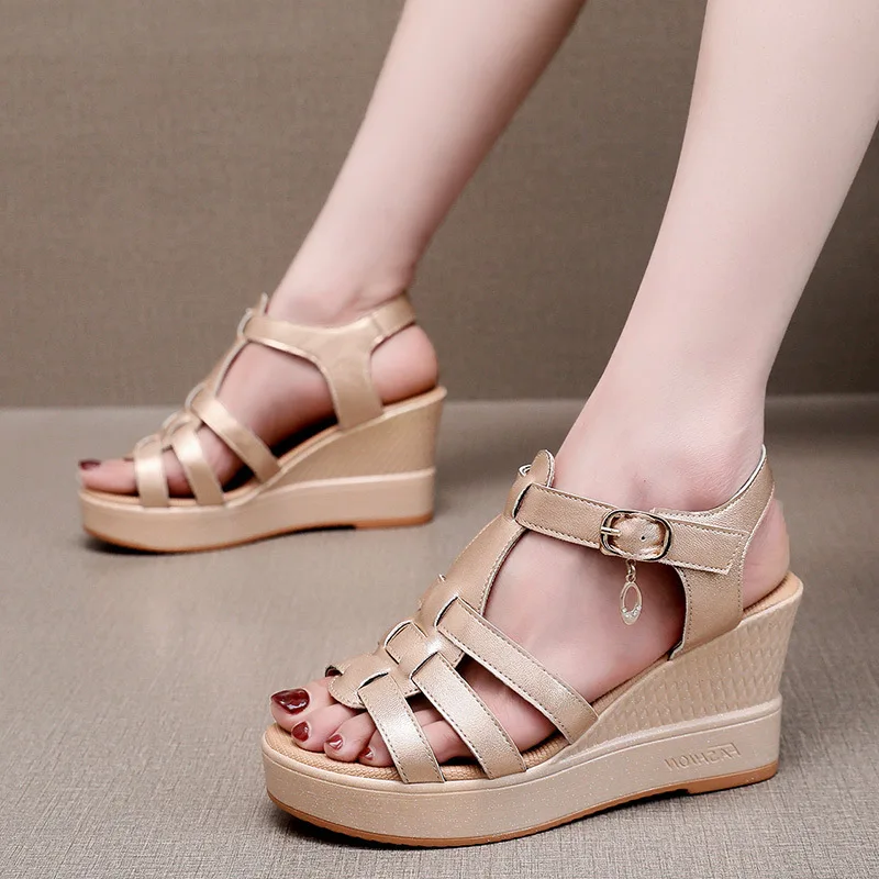 

8cm Comfortable Thick Bottom Soft Leather Shoes Woman High Heels Summer 2024 Platform Wedges Gladiator Sandals for Office Beach