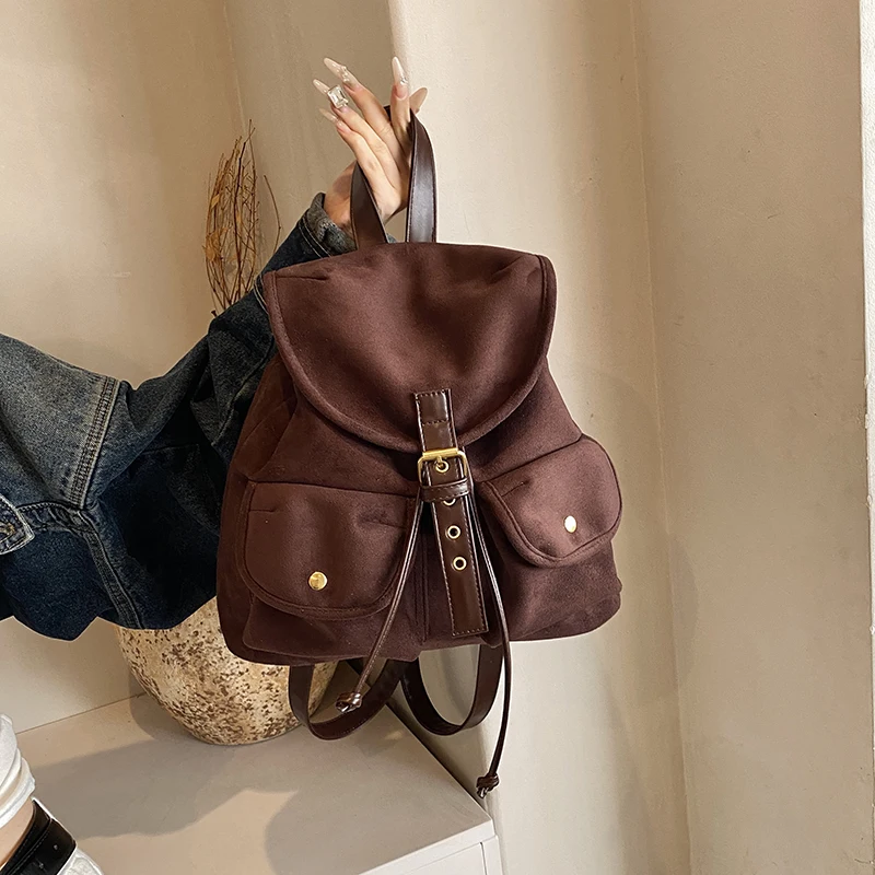 حقيبة ظهر نسائية من جلد الغزال بحزام قابل للتعديل مع جيوب متعددة وحقيبة ظهر صغيرة كبيرة وحقيبة تسوق للسفر