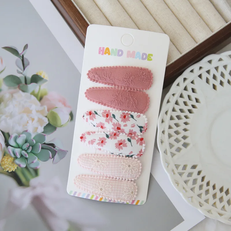 6pcs Fabric Hair Clips Flower Print Cotton Alloy Hair Side Clips Fabric Plaid Hairpins Girls Kids Headwear Baby Hair Accessories