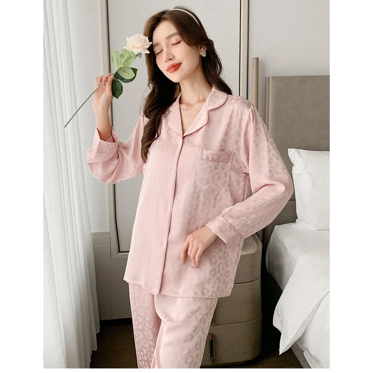 Lisacmvpnel Women's Spring And Autumn Ice Silk Long Sleeve Pajama Set Lapel Cardigan Suit Korean Version Sleepwear