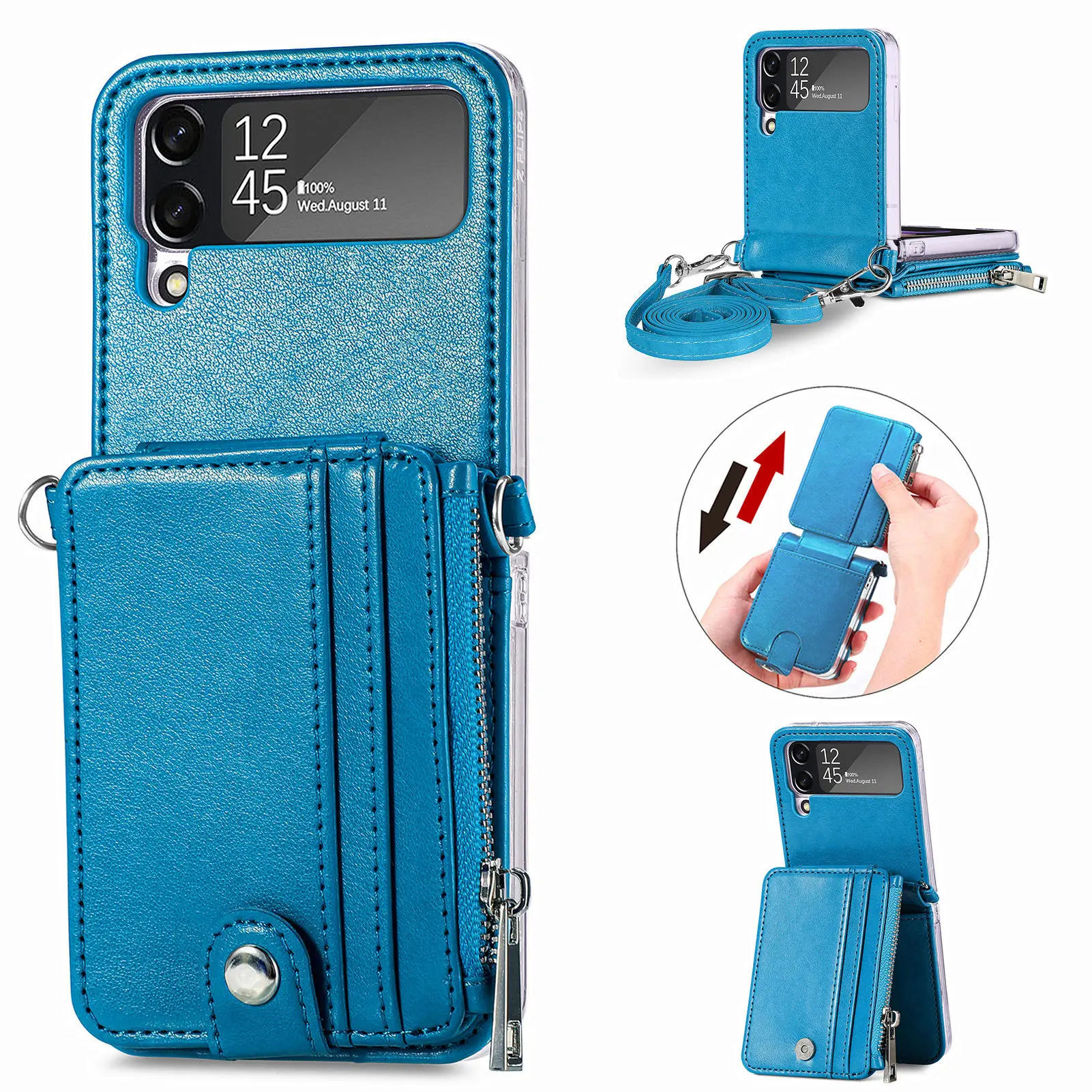 Retro 2 in 1 Samsung Z Flip 4 Crossbody lanyard Wallet Leather Folding Case Multifunctional Zipper Shockproof Anti-Drop Cover