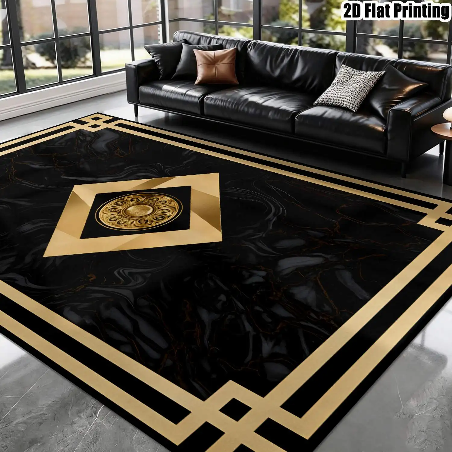 1Pc 2D Printed Carpet: Black & Gold Geometric Relief Patterns, European/Modern Minimalist/Instagram/Vintage Style, Home Decor, Multi-Size, Machine Washable, for Entryway, Dining Room, Living Room, Bedroom