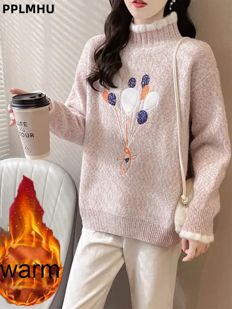 

Утолщенный плюшевый теплый вязаный свитер, бархатный мягкий женский повседневный трикотаж с полувысоким воротником, модные джемперы Sueter