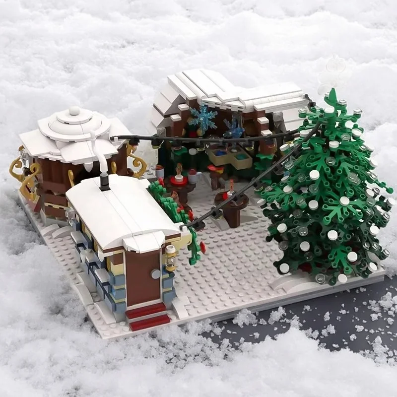 Blocs de construction de stands de marché de noël, Village d'hiver, MOC, paysage de neige de noël, modèle Architectural, bricolage, jouets d'assemblage pour enfants, cadeau