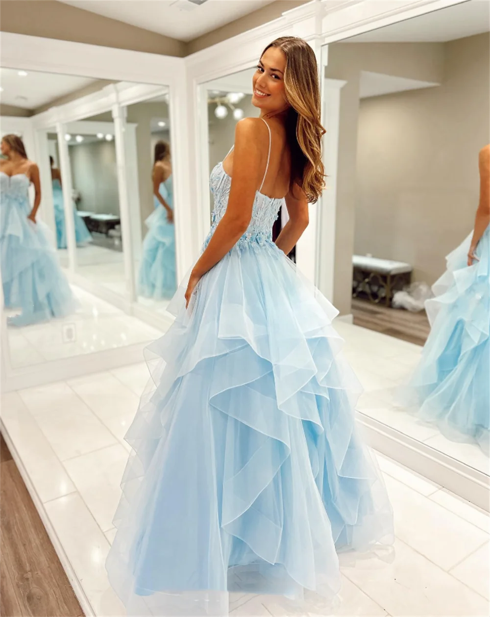 Annie Light Blue Prom Dresses Ruffled 3D Flower Graduate Prom Dress Tulle Embroidery Wedding Party Dresses 2024Vestidos De Noche