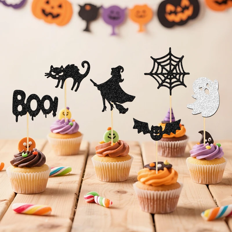 YOMDID 24 Stück Halloween-Kuchendekoration, Halloween-Cupcake-Topper, glitzernde Boo-Geist-Muster, Kuchen-Picks, Herbst-Halloween-Dekorationen