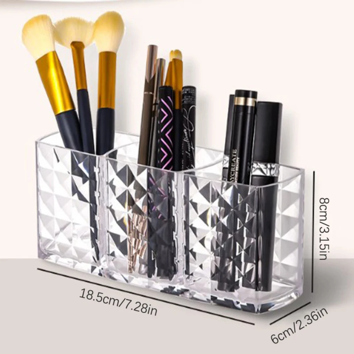 Estante para lápices de cejas y brochas de maquillaje, tres compartimentos, caja transparente de gran capacidad, portalápices de papelería