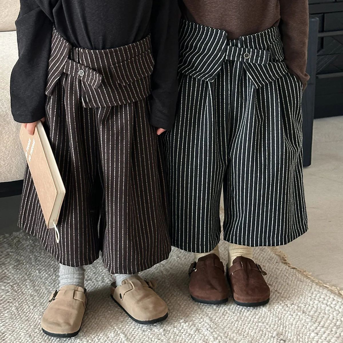 

2025 Autumn Kids Capri Pants with Belt Vertical Stripe Straight Leg Unisex Vintage 7/8 Pants for Boys Girls Toddler 1-8 Years