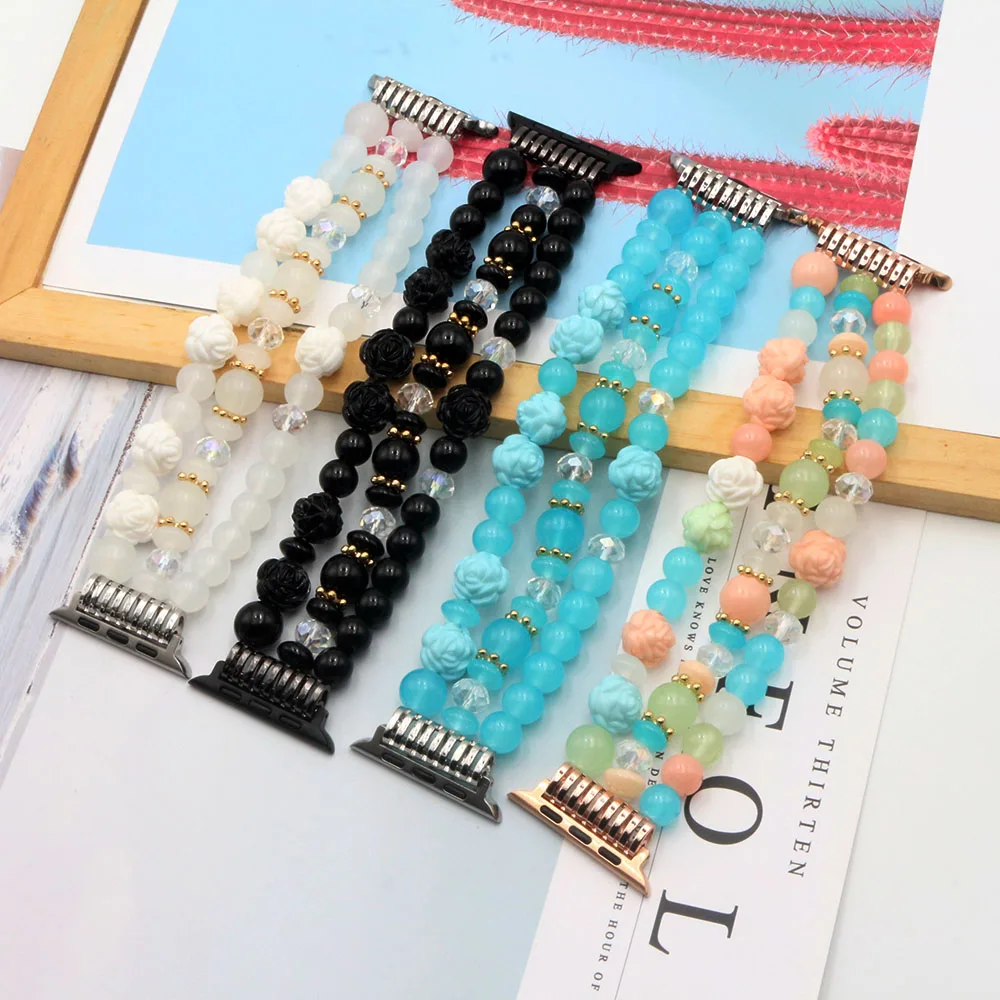 New 49mm Beaded Bracelet for Apple Watch Band 40mm 38mm 41mm Series 9/8/7/SE/6/5/4/3 Women Dressy Wristband Handmade Stretchy