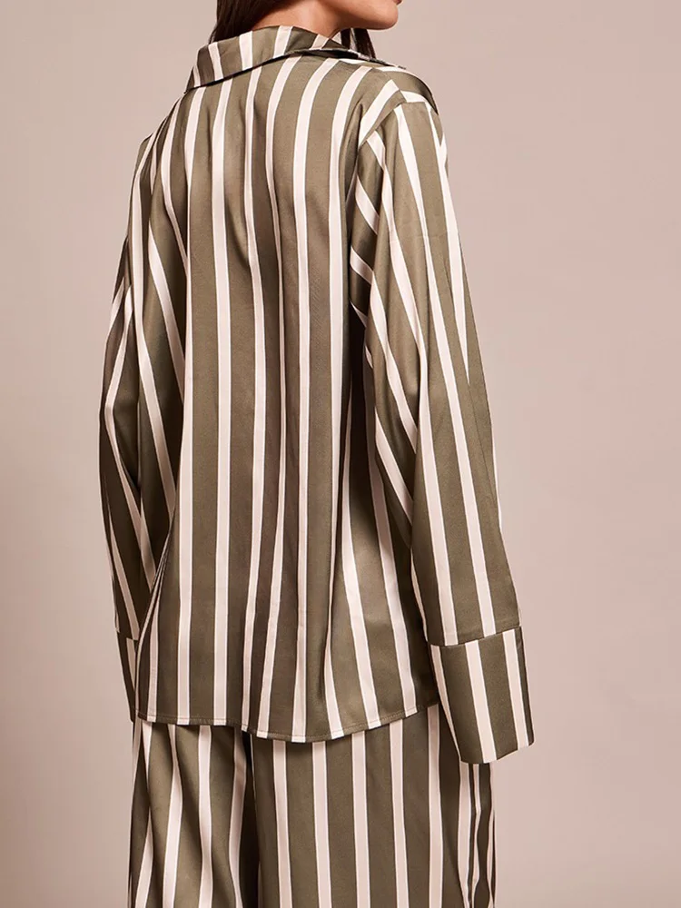 

Элегантный комплект брюк с карманами и лацканами, модные рубашки с длинными рукавами и принтом в полоску, комплект широких брюк, осенняя повседневная свободная женская домашняя одежда