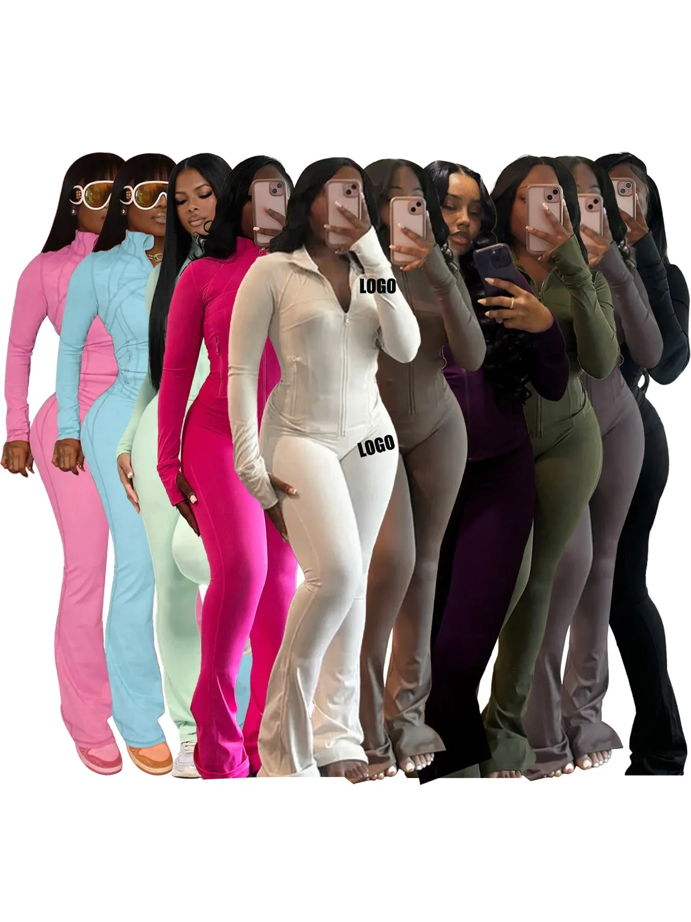 Custom LOGO women's clothing sports casual sexy tight-fitting wear thumb long-sleeved micro-flared pants two-piece set