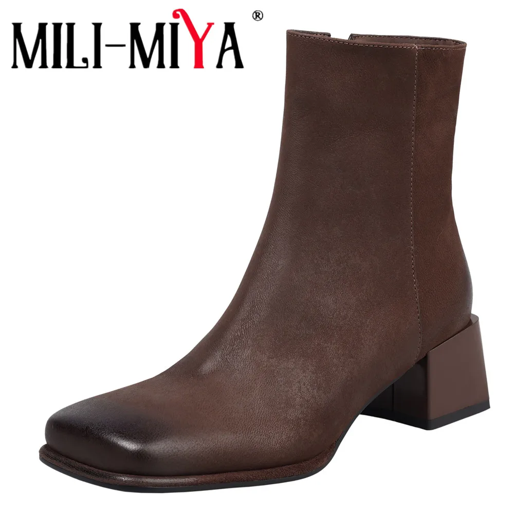 MILI-MIYA Women's Sheepskin Leather Chunky Heeled Square Toe Vintage-Style Distressed Short Ankle Boots Big Size 34-40