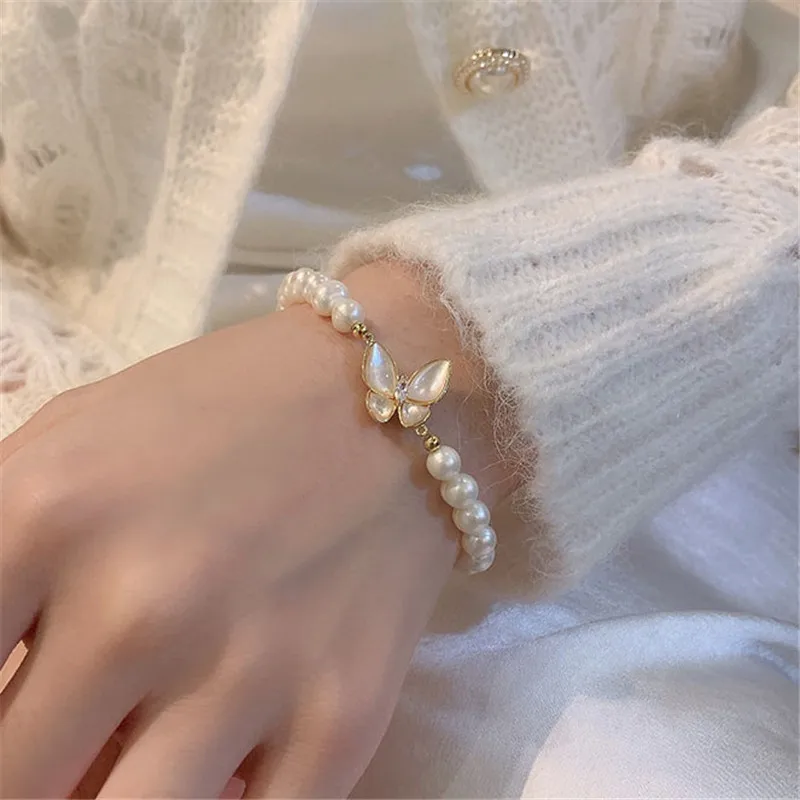 Women Vintage Fashion Temperament Butterfly Necklace Bracelet Baroque Pearl Clavicle Bead Bracelet Choker Necklace Jewelry Set